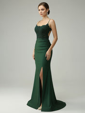 Spaghetti Straps Mermaid Halter Beaded Long Prom Dress with Slit