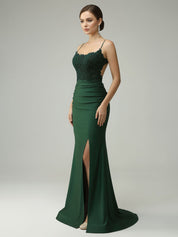 Spaghetti Straps Mermaid Halter Beaded Long Prom Dress with Slit