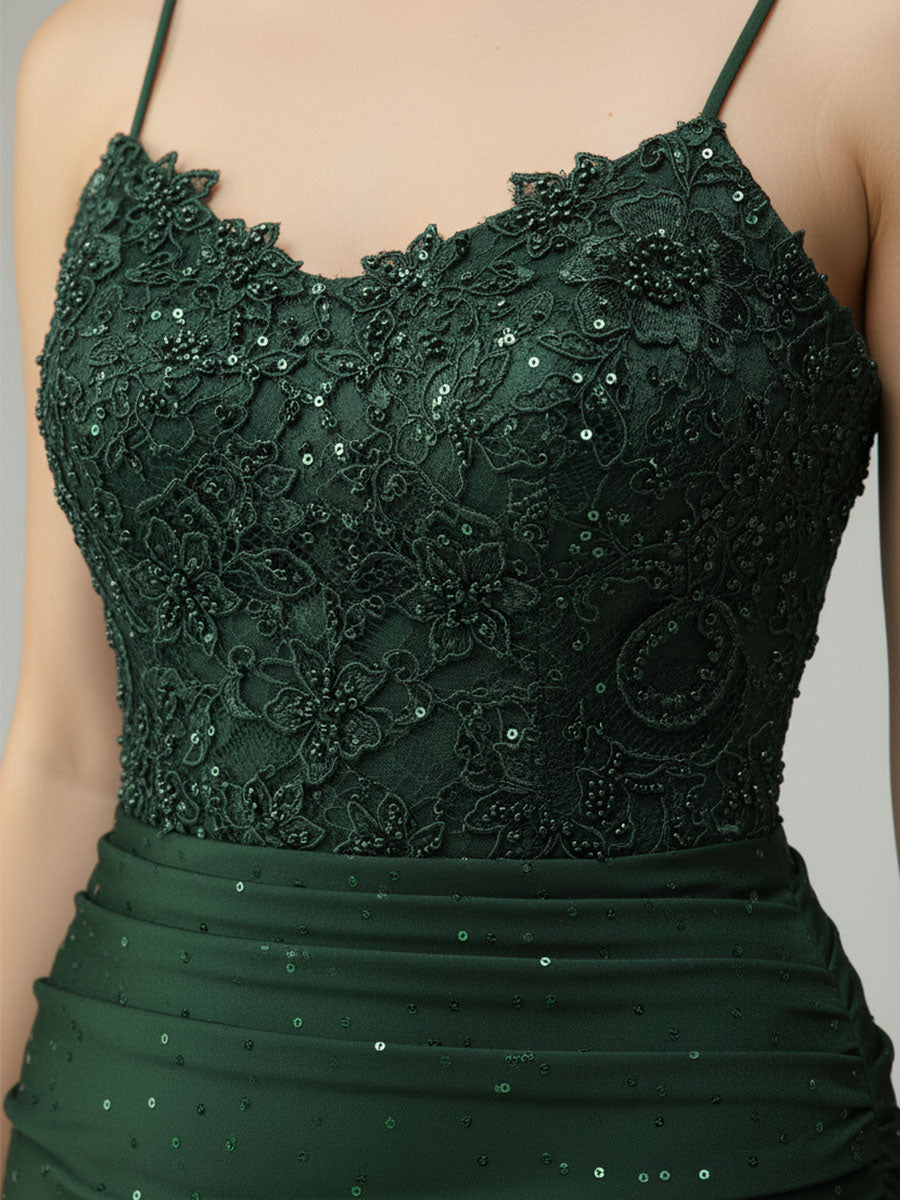 Spaghetti Straps Mermaid Halter Beaded Long Prom Dress with Slit