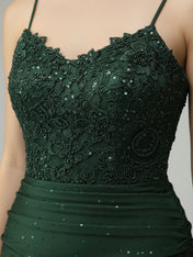 Spaghetti Straps Mermaid Halter Beaded Long Prom Dress with Slit