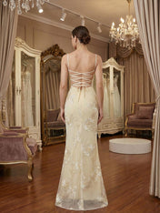 Spaghetti Straps Floral Embroidered Corset Mermaid Long Prom Dress