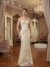 Spaghetti Straps Floral Embroidered Corset Mermaid Long Prom Dress