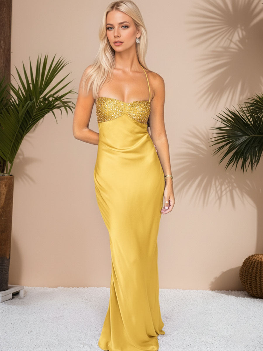 Spaghetti Straps Lace Up Satin Long Prom Dress