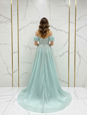 Sparkling Aqua Blue Off-the-Shoulder Beaded Prom Dress with Slit