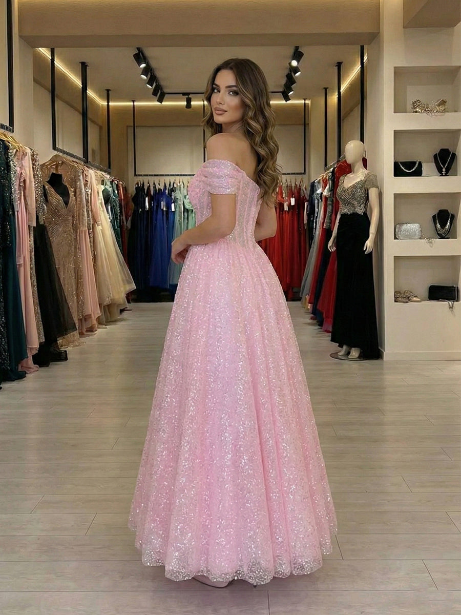 Sparkling Baby Pink Off-the-Shoulder Corset Prom Dress