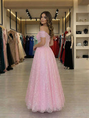 Sparkling Baby Pink Off-the-Shoulder Corset Prom Dress