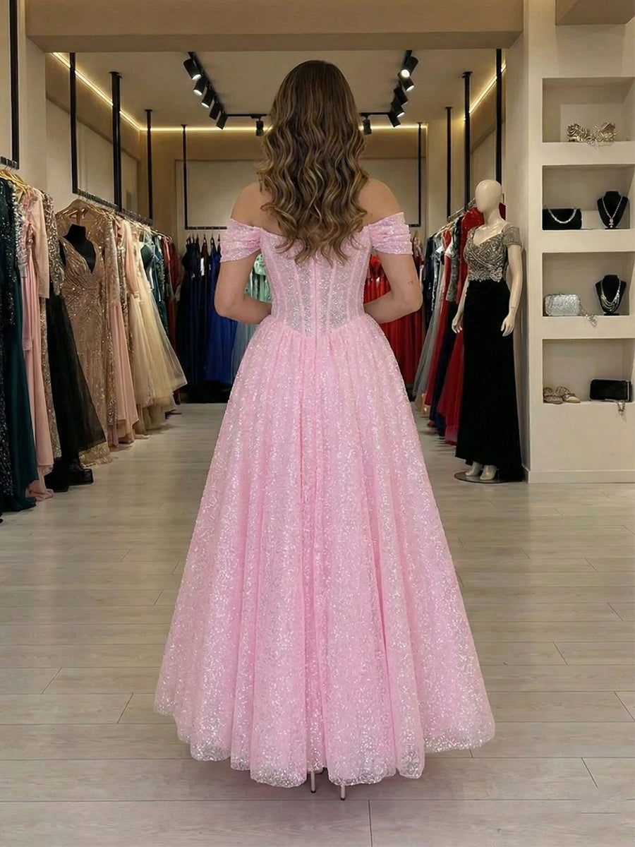 Sparkling Baby Pink Off-the-Shoulder Corset Prom Dress