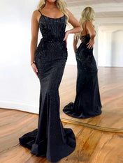 Sparkling Black Sequin Mermaid Prom Dress with Corset Bodice