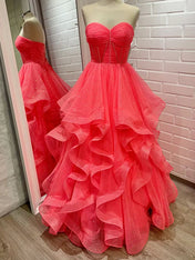 Sparkling Coral Strapless Corset Prom Dress with Tiered Ruffles