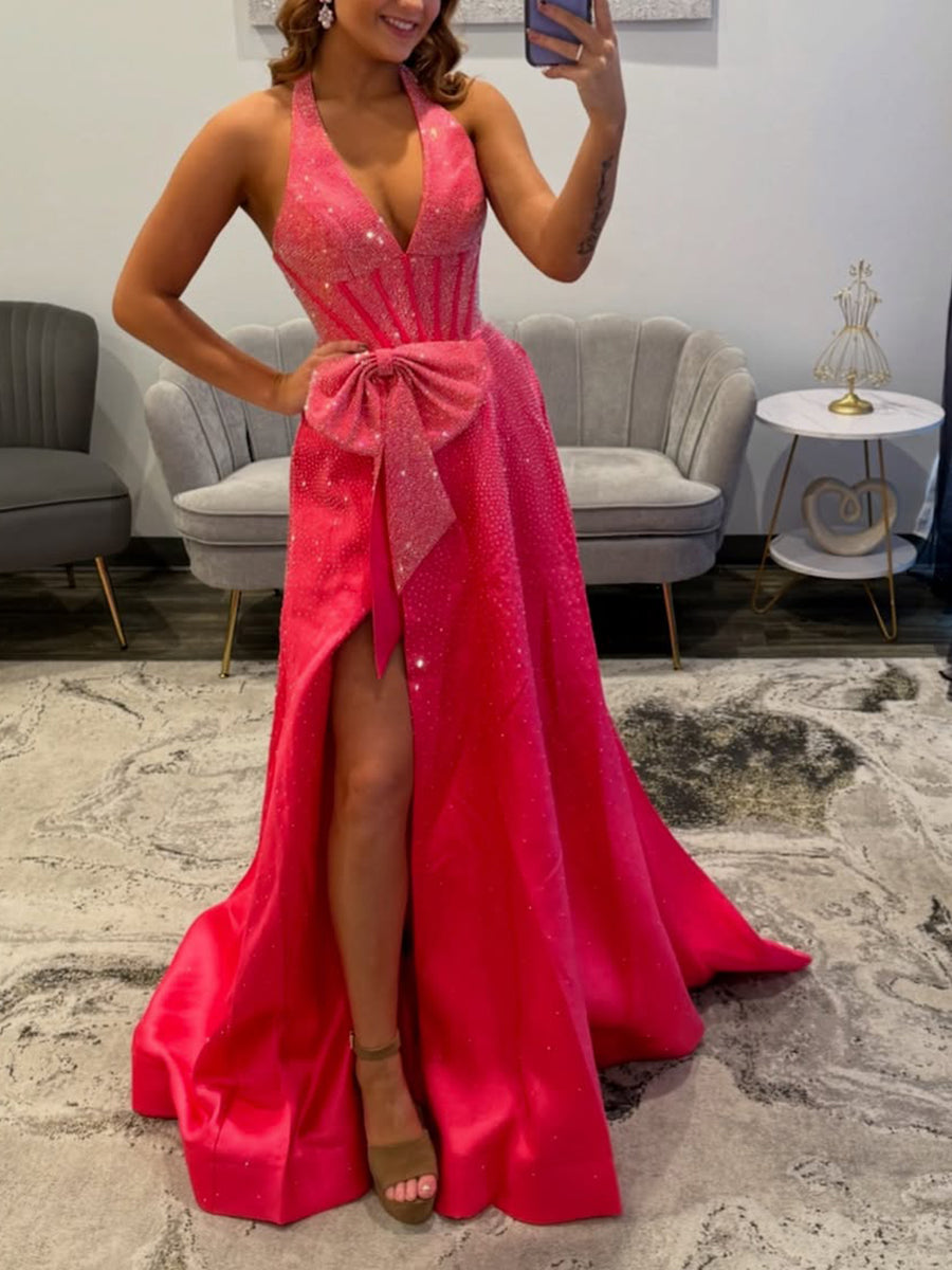 Sparkling Hot Pink Halter Corset Prom Dress with Bow
