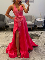 Sparkling Hot Pink Halter Corset Prom Dress with Bow
