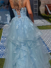 Sparkling Light Blue Floral Tiered Ruffle Long Prom Dress