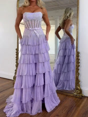 Sparkling Lilac Strapless Tiered Ruffle Corset Prom Dress with Slit