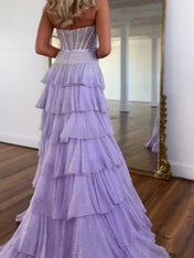 Sparkling Lilac Strapless Tiered Ruffle Corset Prom Dress with Slit