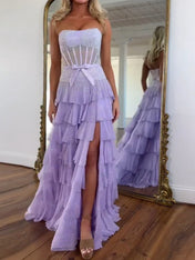 Sparkling Lilac Strapless Tiered Ruffle Corset Prom Dress with Slit