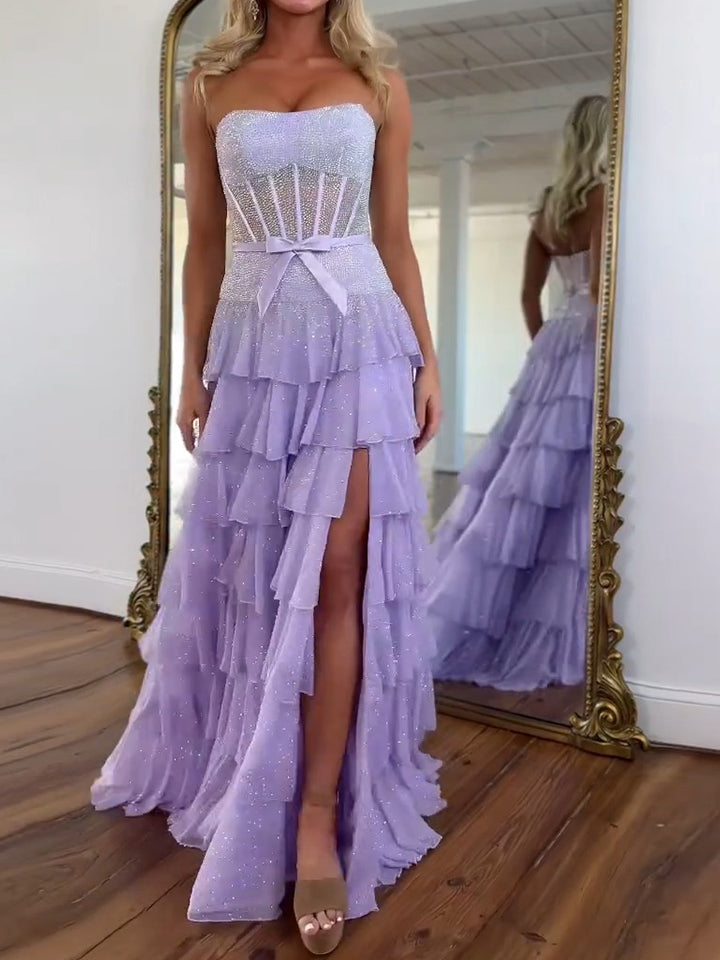 Sparkling Lilac Strapless Tiered Ruffle Corset Prom Dress with Slit