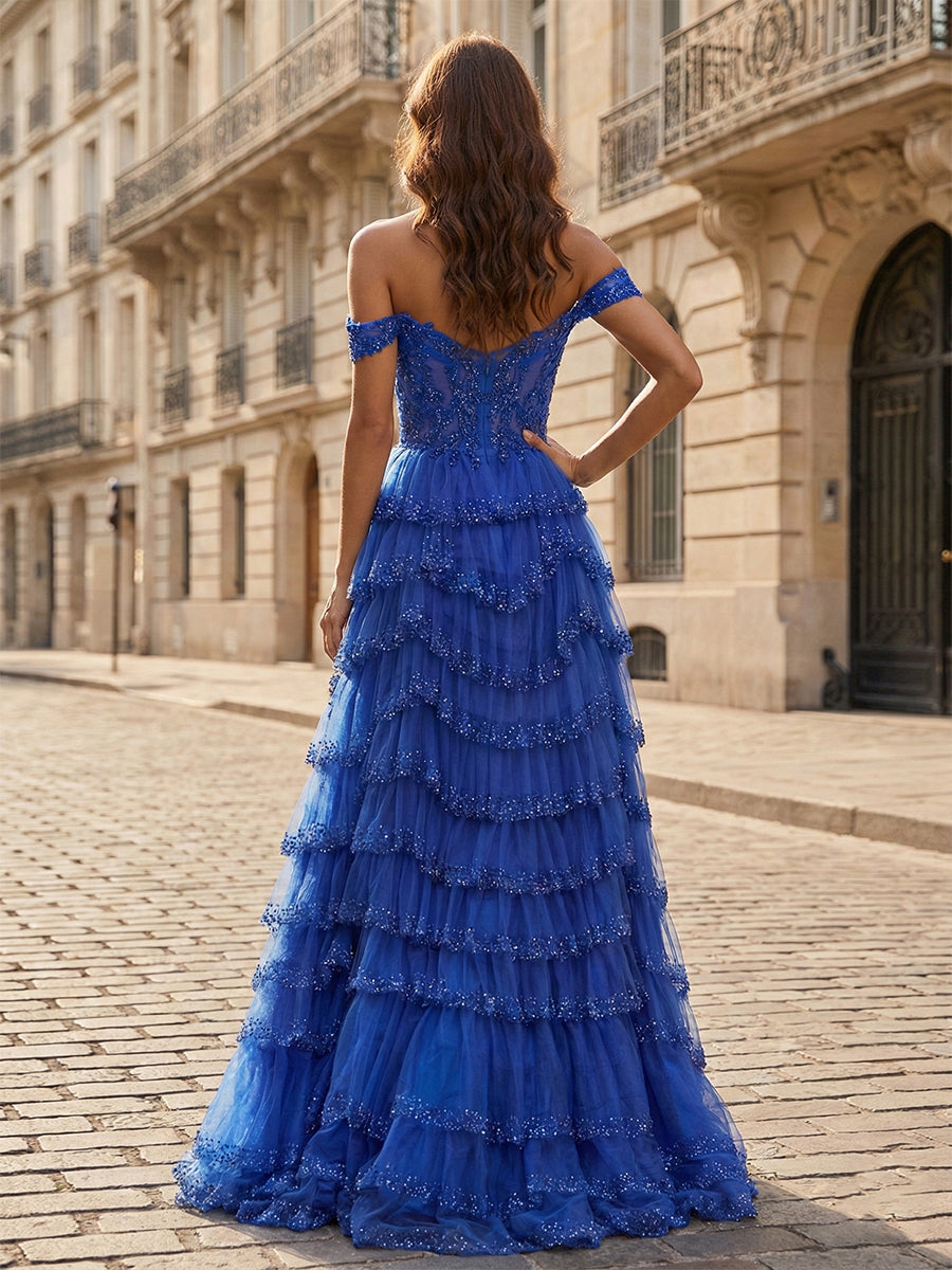 Dreamylily Prom Dress Sparkling Royal Blue Off The Shoulder Tiered