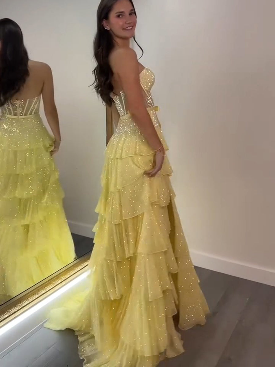 Sparkling Lilac Strapless Tiered Ruffle Corset Prom Dress with Slit