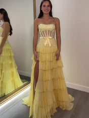 Sparkling Lilac Strapless Tiered Ruffle Corset Prom Dress with Slit