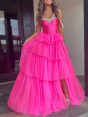 Sparkly A-Line Off the Shoulder Corset Ruffles Long Prom Dress with Slit