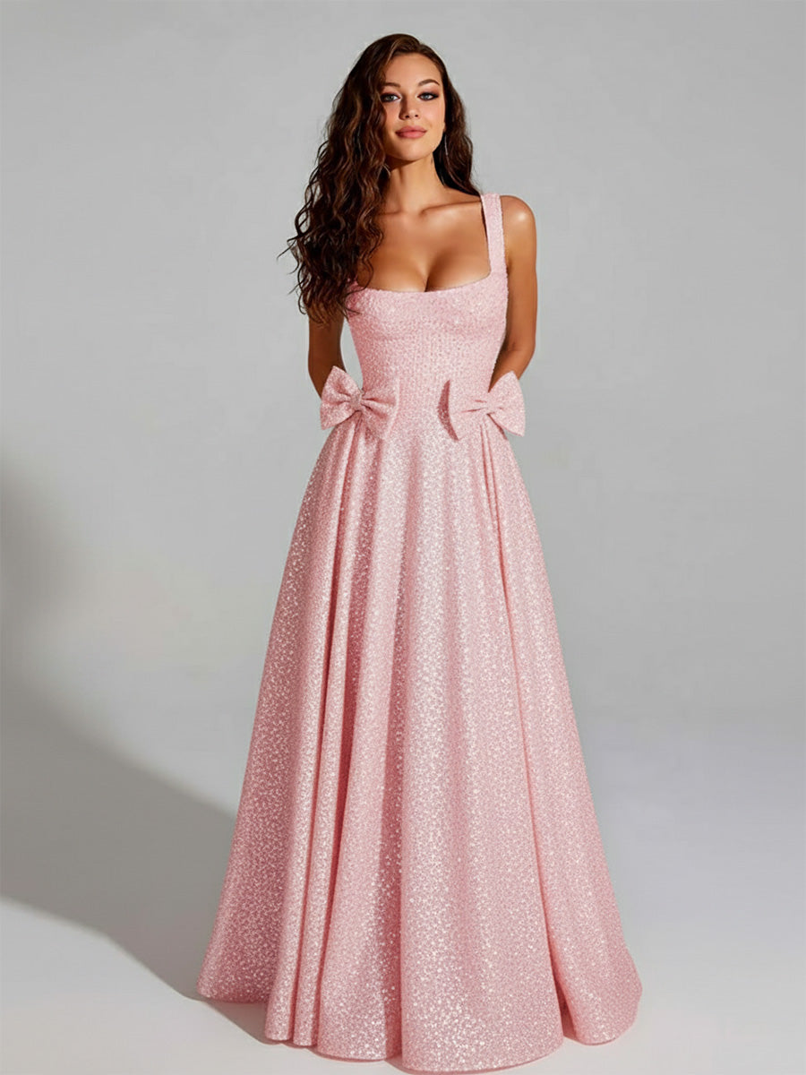 Sparkly A Line Square Neck Long Prom Dress