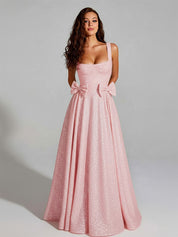 Sparkly A Line Square Neck Long Prom Dress