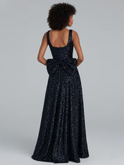 Sparkly A Line Square Neck Long Prom Dress with Bow