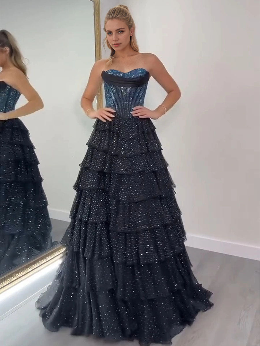 Sparkly A Line Sweetheart Tiered Chiffon Prom Dress with Slit