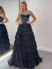 Sparkly A Line Sweetheart Tiered Chiffon Prom Dress with Slit