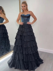 Sparkly A Line Sweetheart Tiered Chiffon Prom Dress with Slit