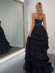 Sparkly A Line Sweetheart Tiered Chiffon Prom Dress with Slit