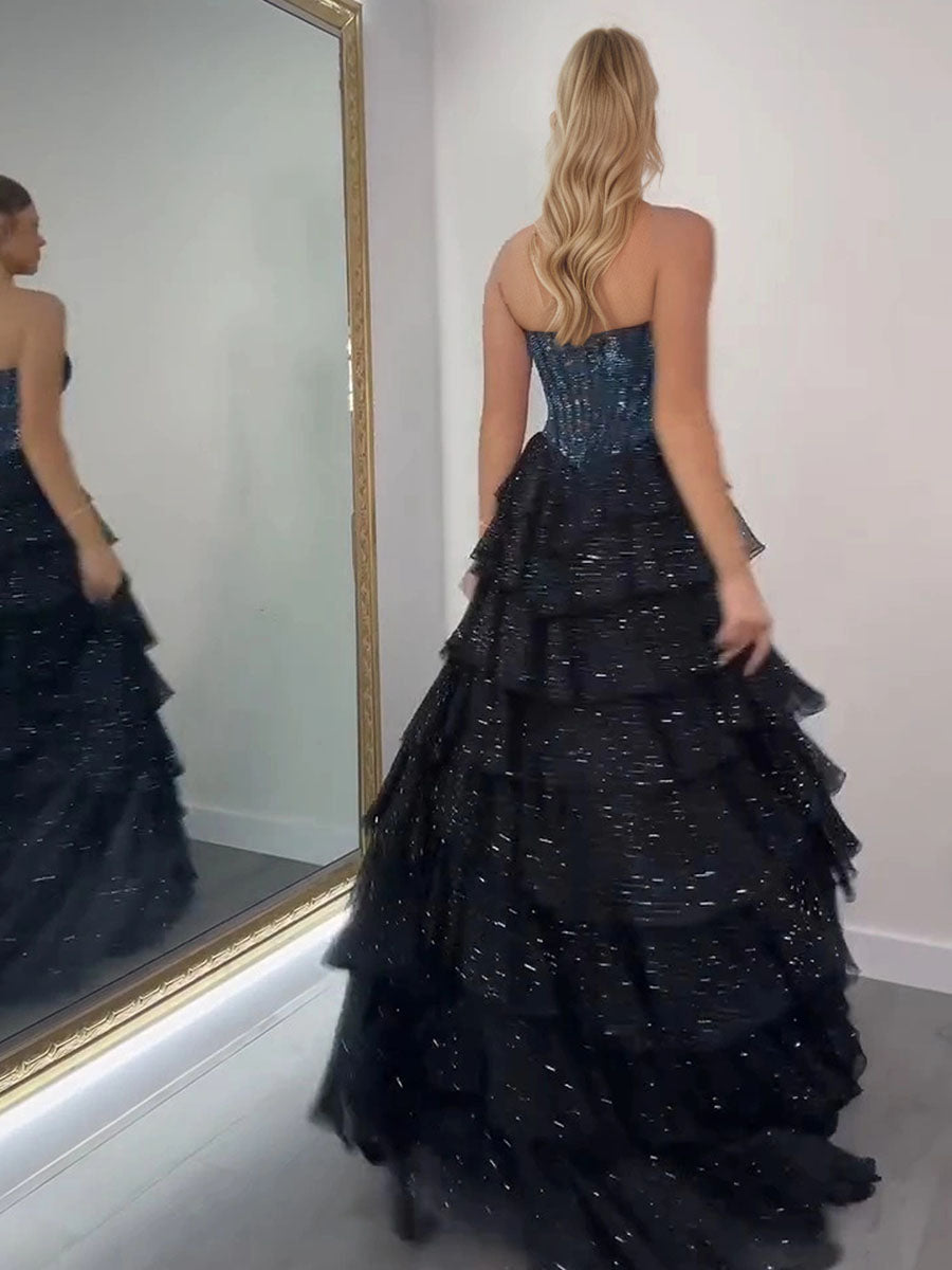 Sparkly A Line Sweetheart Tiered Chiffon Prom Dress with Slit