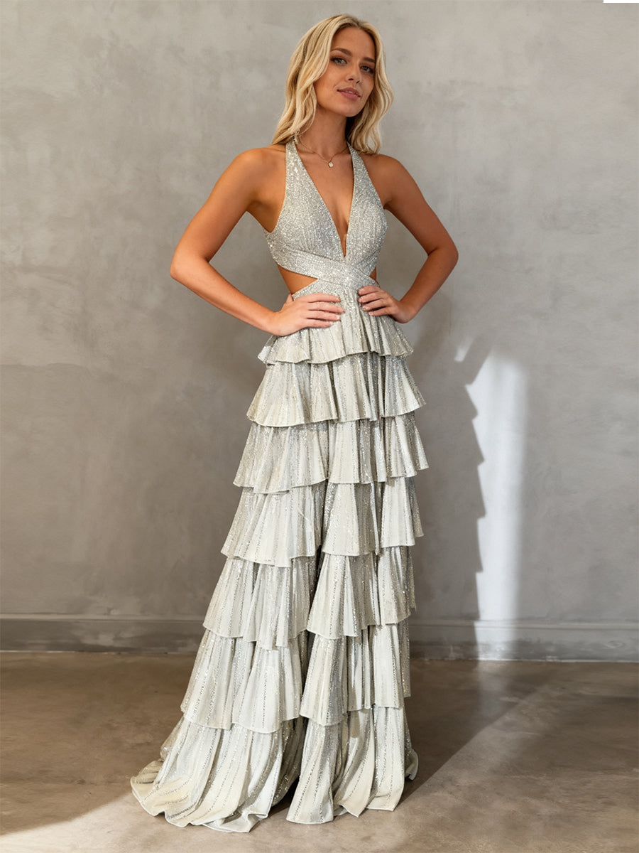 Sparkly A Line Tiered Beaded Corset Long Prom Dress with Slit