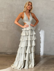 Sparkly A Line Tiered Beaded Corset Long Prom Dress with Slit