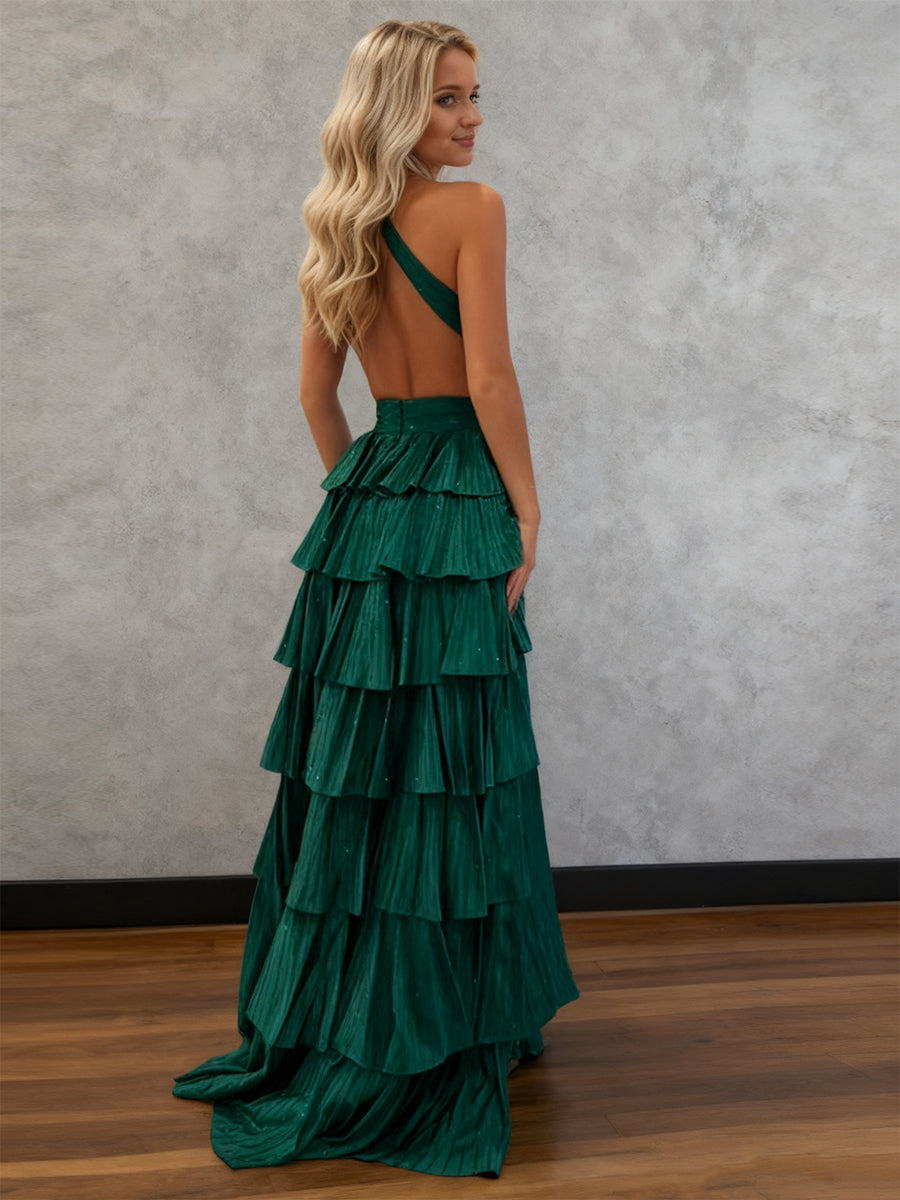 Sparkly A Line Tiered Beaded Corset Long Prom Dress with Slit