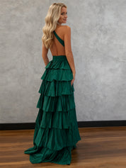 Sparkly A Line Tiered Beaded Corset Long Prom Dress with Slit