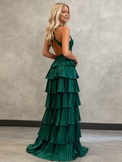 Sparkly A Line Tiered Beaded Corset Long Prom Dress with Slit