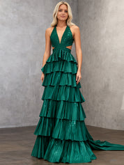 Sparkly A Line Tiered Beaded Corset Long Prom Dress with Slit