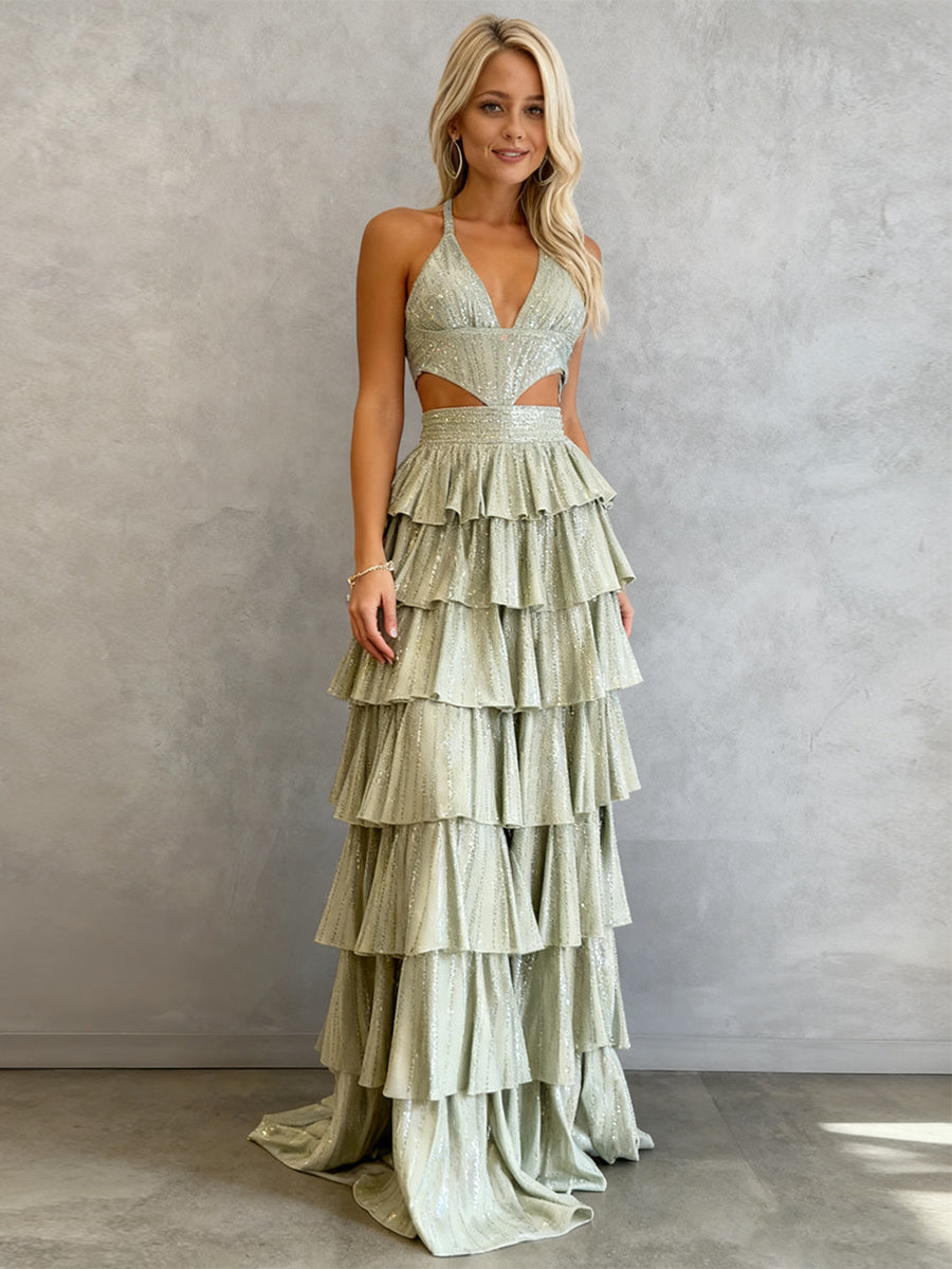 Sparkly A Line Tiered Beaded Corset Long Prom Dress with Slit