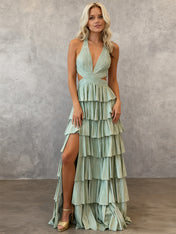 Sparkly A Line Tiered Beaded Corset Long Prom Dress with Slit