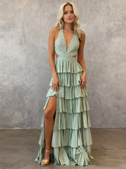 Sparkly A Line Tiered Beaded Corset Long Prom Dress with Slit