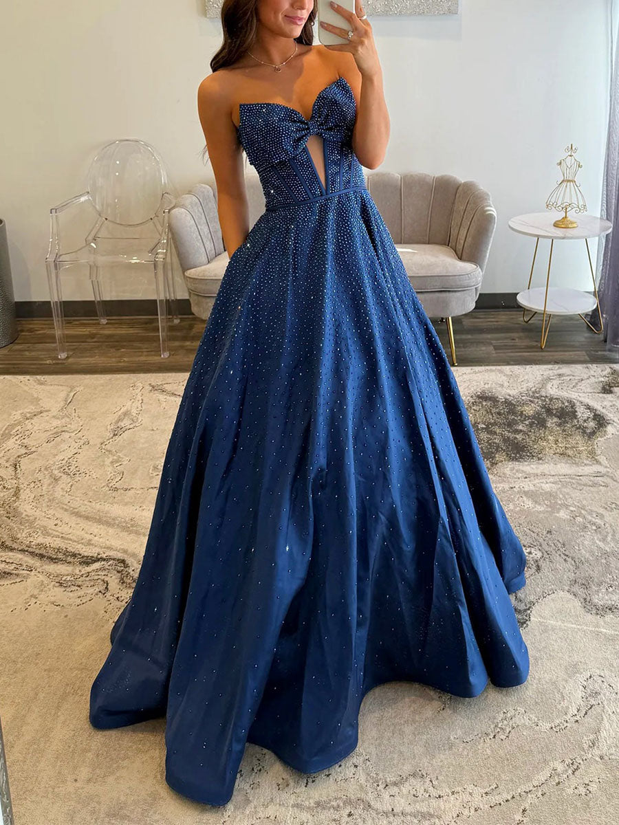 Sparkly Beaded Strapless Long Corset Prom Dress with Bow