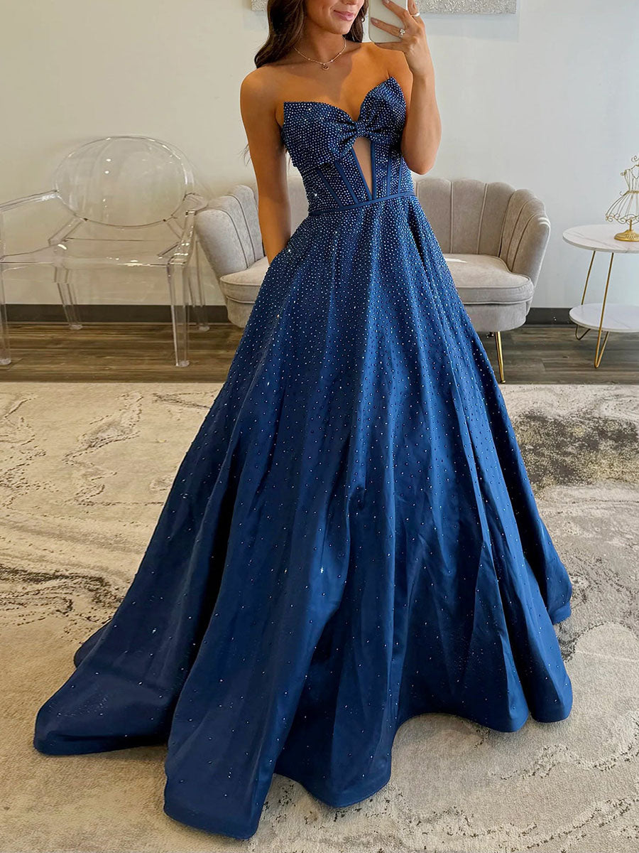 Sparkly Beaded Strapless Long Corset Prom Dress with Bow