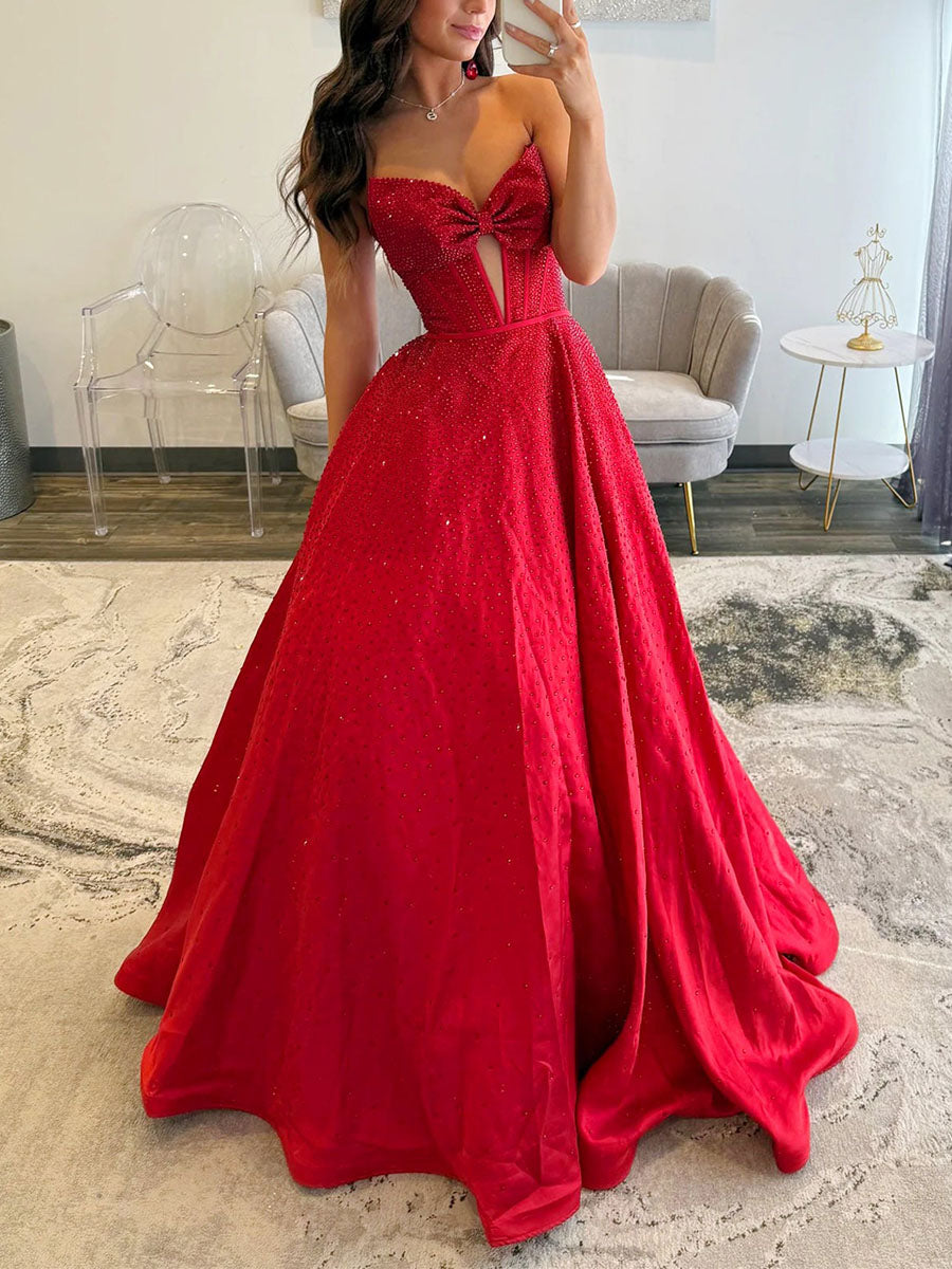 Sparkly Beaded Strapless Long Corset Prom Dress with Bow