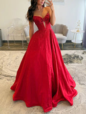 Sparkly Red Beaded Strapless Long Corset Prom Dress with Bow