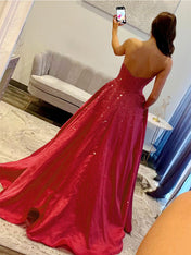 Sparkly Red Beaded Strapless Long Corset Prom Dress with Bow