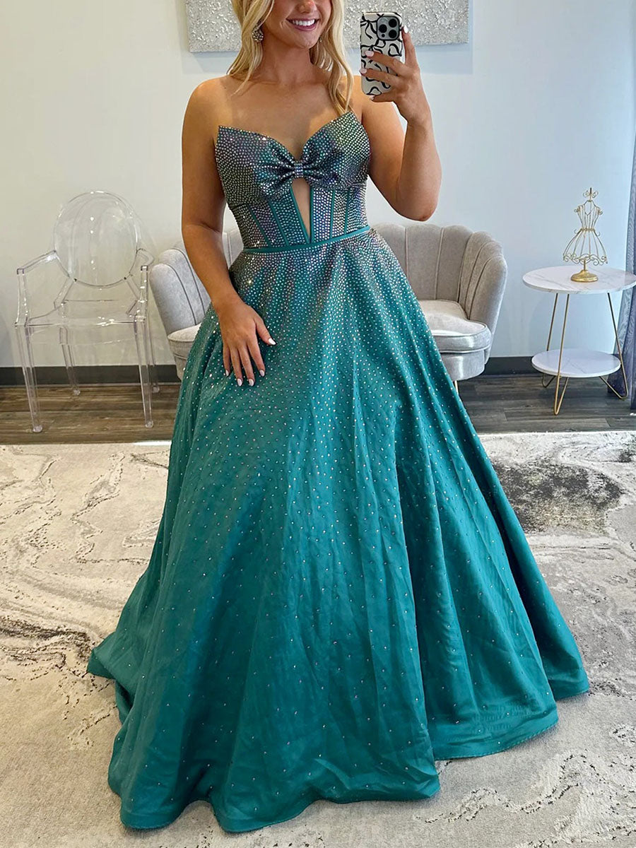 Sparkly Beaded Strapless Long Corset Prom Dress with Bow