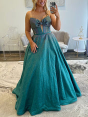 Sparkly Beaded Strapless Long Corset Prom Dress with Bow