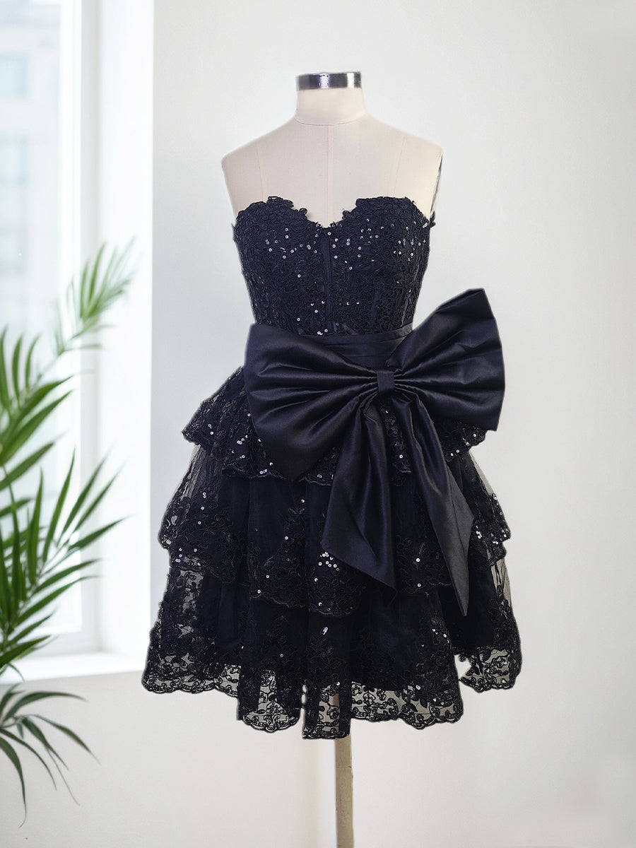 Sparkly Red A Line Sweetheart Corset Tiered Ruffle Homecoming Dress with Bows
