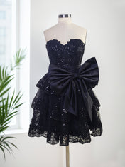 Sparkly A Line Sweetheart Corset Tiered Ruffle Homecoming Dress with Bows